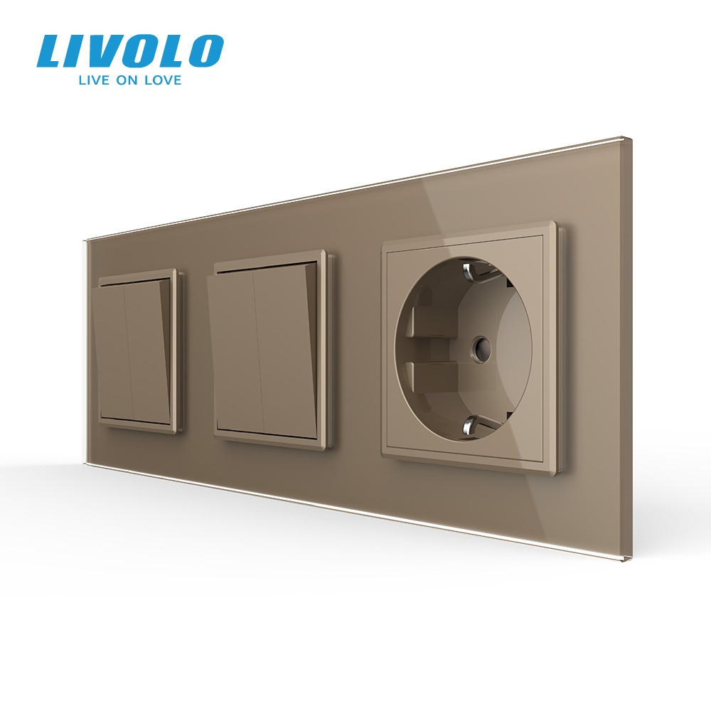 Чотирьохклавішний вимикач (2-2) з розеткою Livolo золотий скло (VL-C7K2/K2/FCTC16A-6AP) Коломия - фото 3