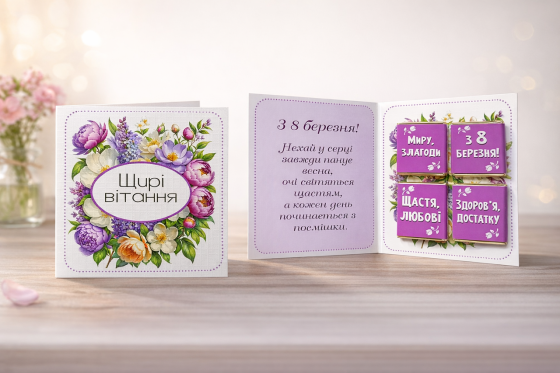 🌷 Поздравительная открытка к 8 Марта с мини шоколадом | Подарок для мамы, любимой, коллеги 💝 Одесса