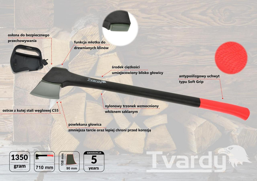 Сокира "Tvardy" вагою 1.350г кована з вуглецевої сталі C55 з пустотілим топорищем Киев - изображение 1