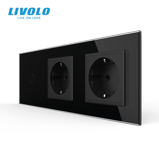 LIVOLO Сенсорний прохідний/перехресний вимикач 1 сенсор 2 розетки LIVOLO чорний матове скло Коломия