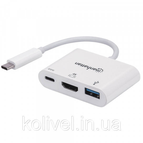 Док-станція USB3.1 Type-C --> HDMI/USB 3.0/PD 60W 4-in-1 White Manhattan (152945) Київ - фото 1
