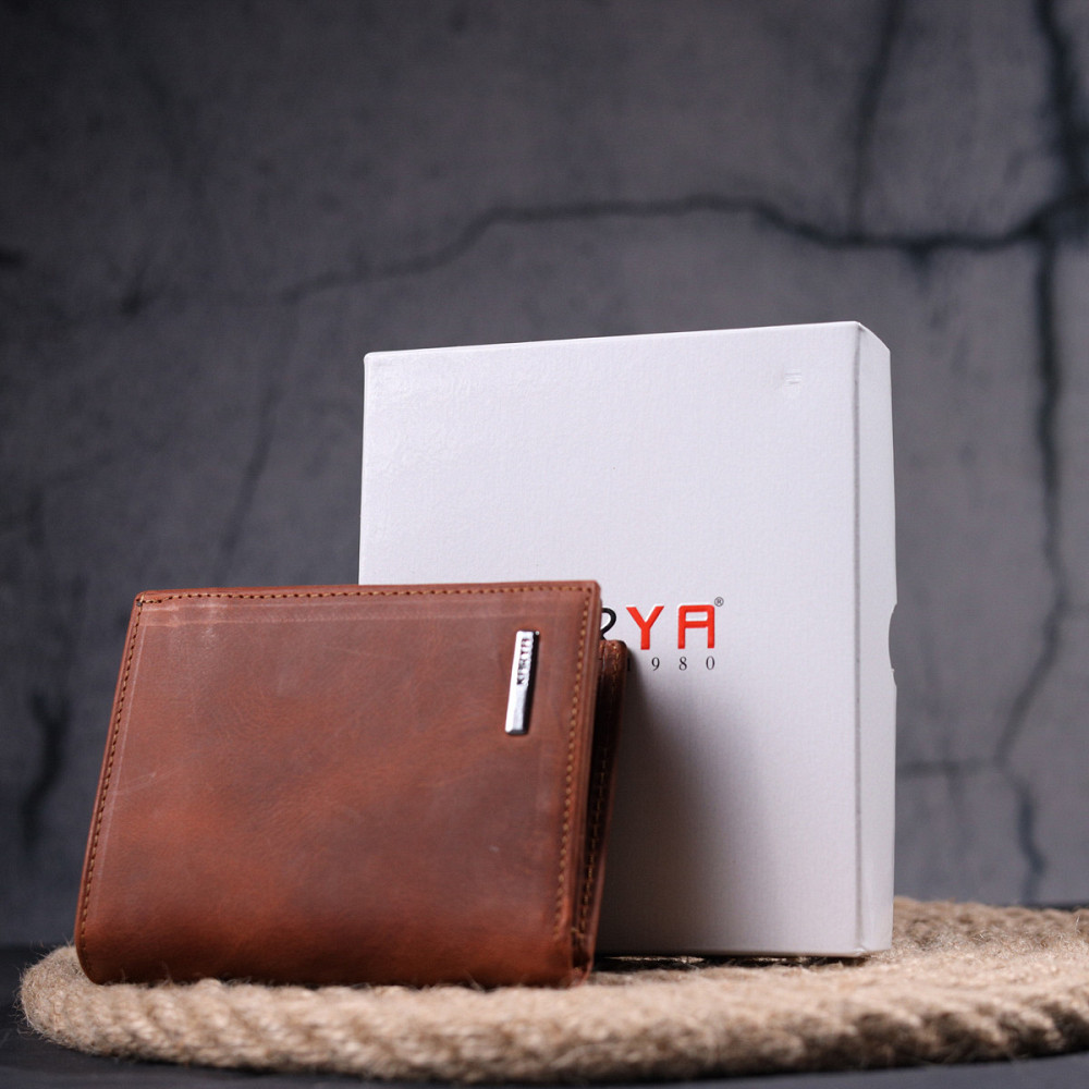 Мужское вертикальное портмоне без застежки в винтажной коже KARYA 21363 Рыжий Киев - изображение 9