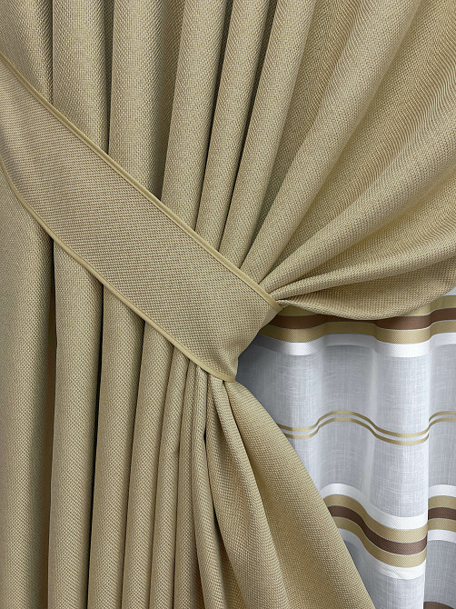 Комплект штор VR-Textil Лен Мешковина 150х270 2шт и Тюль 600х270 292ш-1579т Бежевый с молочным 71-160/5 Киев - изображение 4