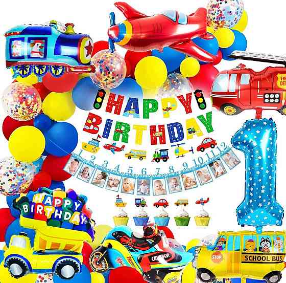 Набір декору 1st Birthday синьо-зелено автотема iZoeL кульки банер фольга торт топпери для хлопчика Київ