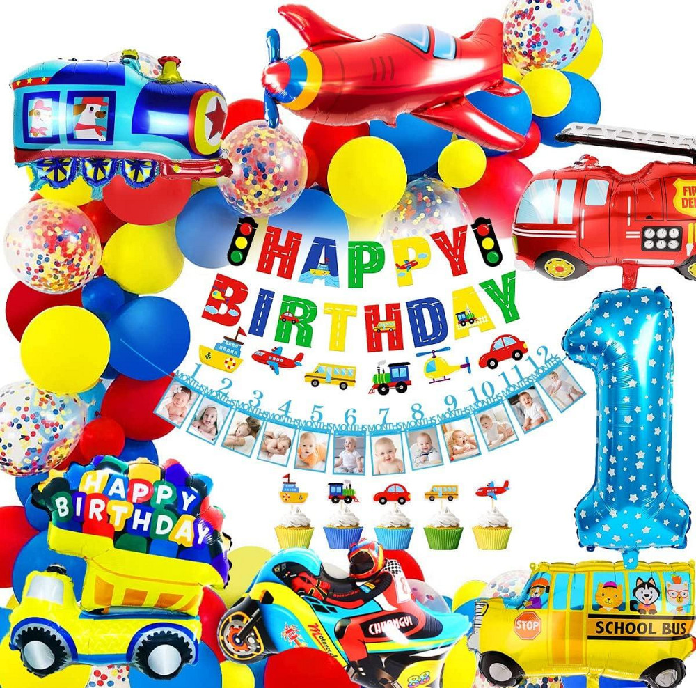 Набір декору 1st Birthday синьо-зелено автотема iZoeL кульки банер фольга торт топпери для хлопчика Київ - фото 1