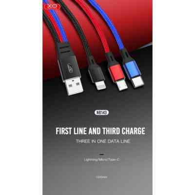 Дата кабель USB 2.0 AM to Lightning + Micro 5P + USB-C 1.2m black red blue XO (XO-NB143-3in1) Вінниця