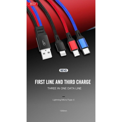 Дата кабель USB 2.0 AM to Lightning + Micro 5P + USB-C 1.2m black red blue XO (XO-NB143-3in1) Вінниця - фото 4