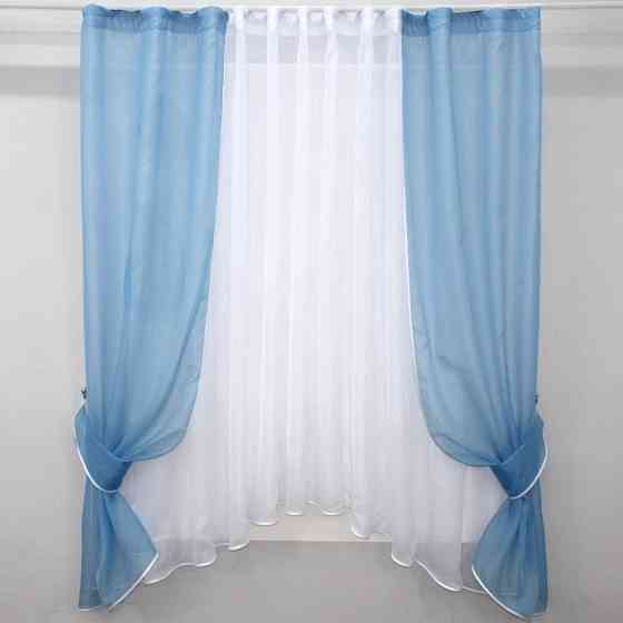 Кухонний комплект VR-Textil № 051к тюль і шторки з підв'язками блакитний з білим 280х170 см (52-0561) Київ