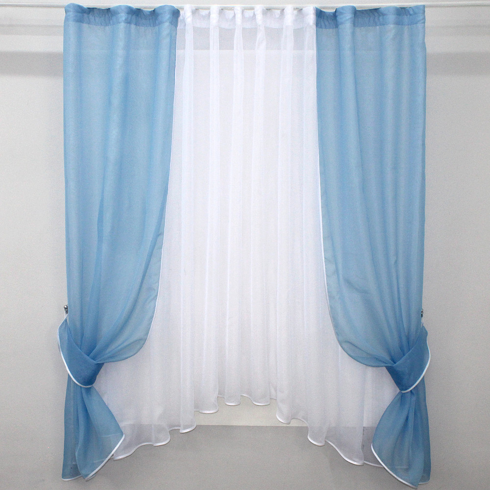Кухонний комплект VR-Textil № 051к тюль і шторки з підв'язками блакитний з білим 280х170 см (52-0561) Київ - фото 1