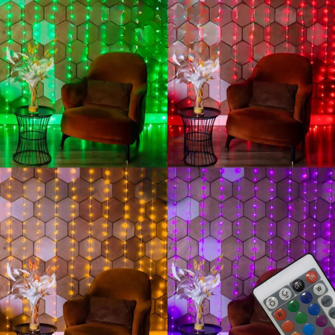 Гирлянда штора роса 3х3 RGB Niki Light роса від юсб роса на пульті завіса 300 лед різнокольорова 16 кольорів Київ - фото 1