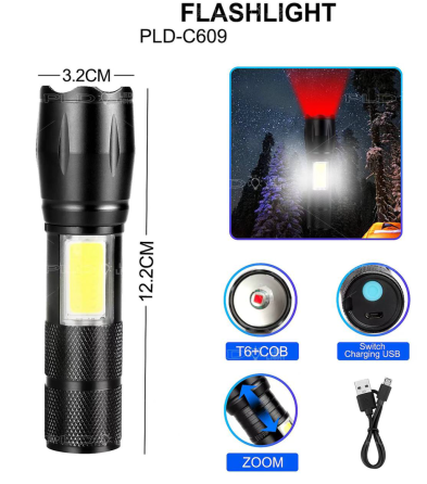 Ручний ліхтар C609-T6 (Red)+COB(White), Li-Ion акумулятор, ЗП microUSB, zoom Дніпро