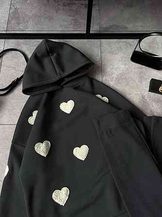 Жіночий теплий прогулянковий костюм-двійка з сердечками тринитка на флісі + ангора рубчик Графіт, 46/48 Одеса