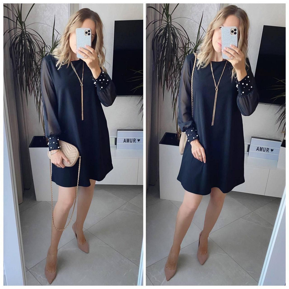 Женское праздничное платье украшенное бусинками турецкий креп-дайвинг + шифоновые рукава Черный, 48/50 Одесса - изображение 1