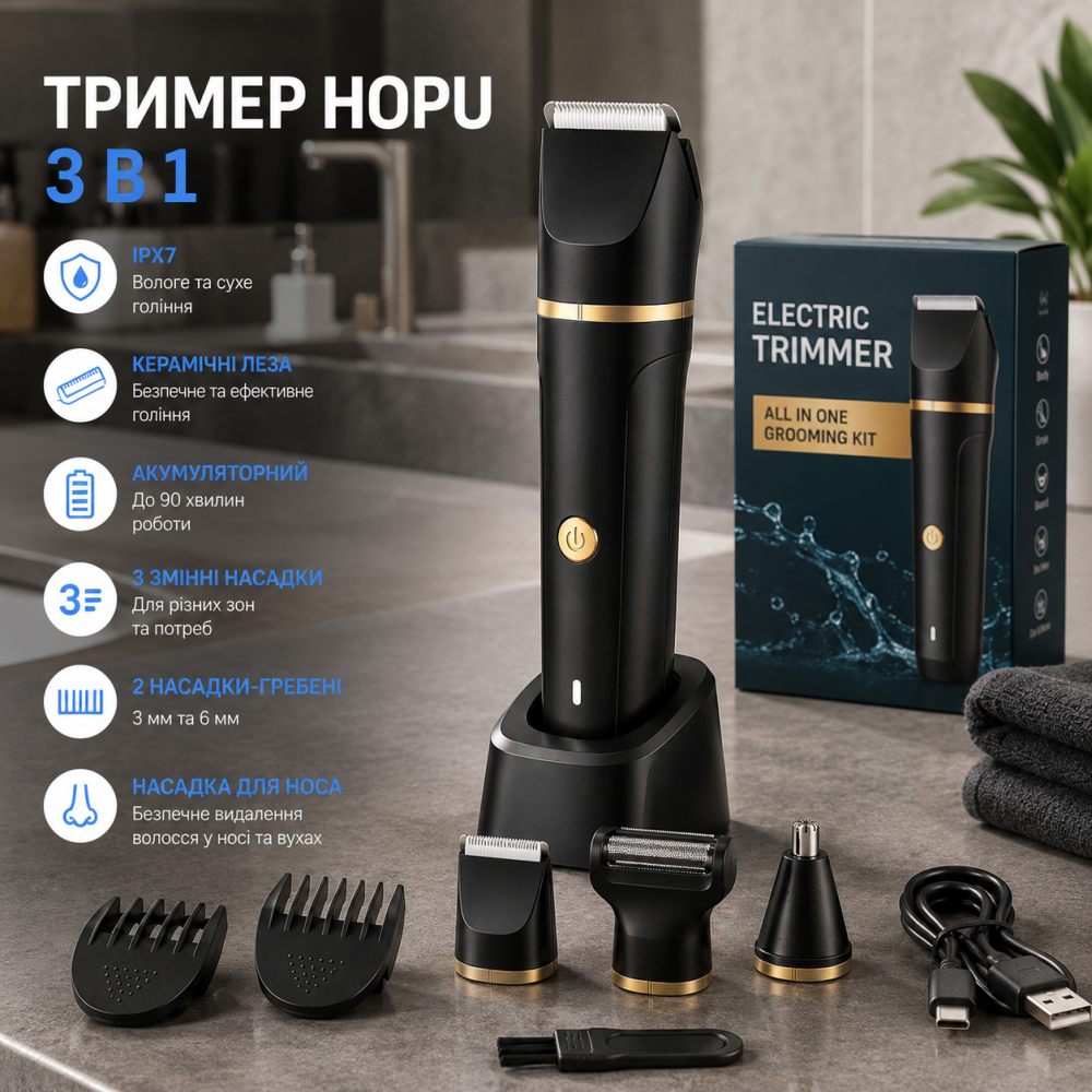 Триммер для тела HOPU 3 в 1 для мужчин, триммер для интимной зоны, носа и тела, IPX7, аккумуляторный, керамические лезвия, влажное Киев - изображение 1