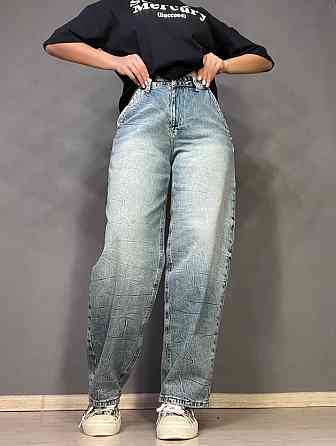 Джинси жіночі I8 52428 Skater Jeans банани висока посадка варка з жатим ефектом косі кишені блакитні Одеса