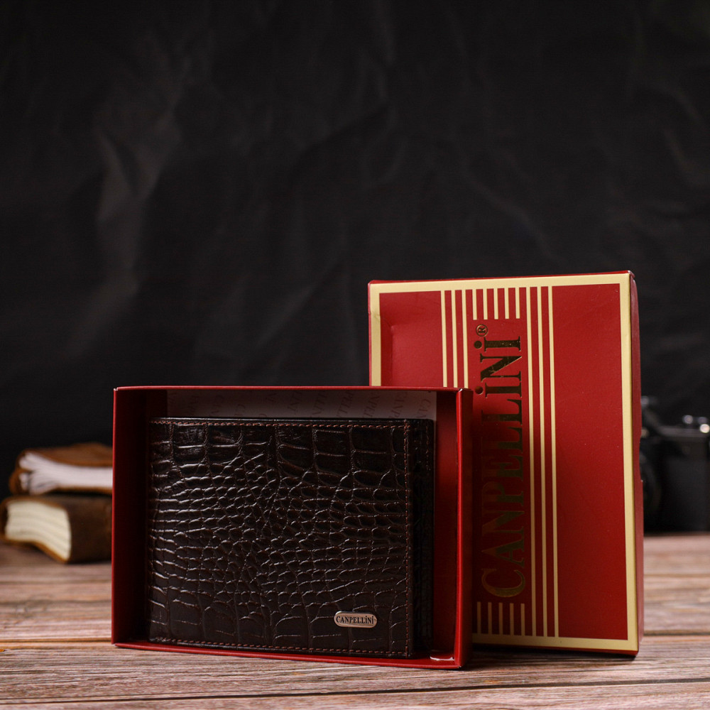Модний гаманець для чоловіків з натуральної шкіри з тисненням під крокодила CANPELLINI 21926 Коричневий Київ - фото 1