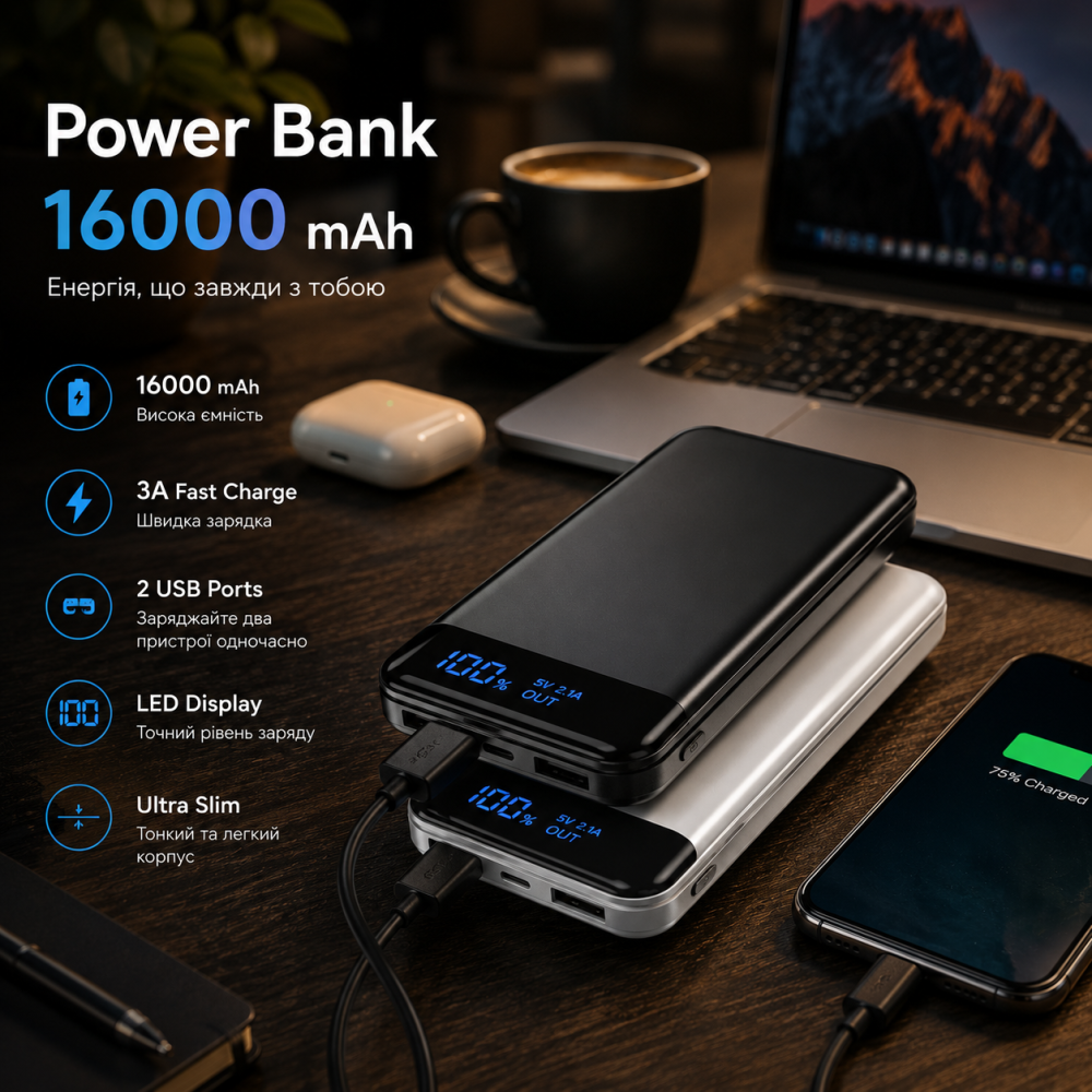 Комплект 2 Power Bank Enerwow 16000 мАг, швидка зарядка 3A, LED-дисплей, 2 USB, ультратонкий зовнішній акумулятор Київ - фото 8