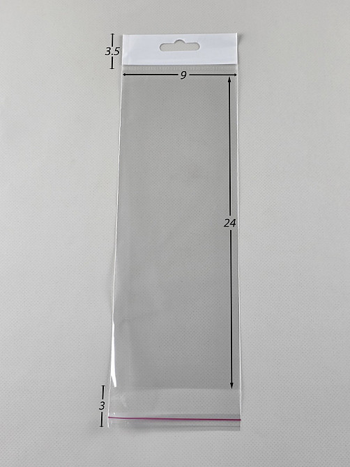 Пакеты для упаковки прозрачные с клейкой лентой и подвесом 9*24+3\25мк +скотч(+еврослот3,5) (1000 шт) Харьков - изображение 2