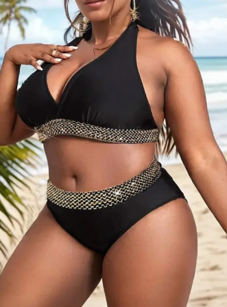 Раздельный купальник большого размера с высокой талией черно-золотистый 5XL Киев