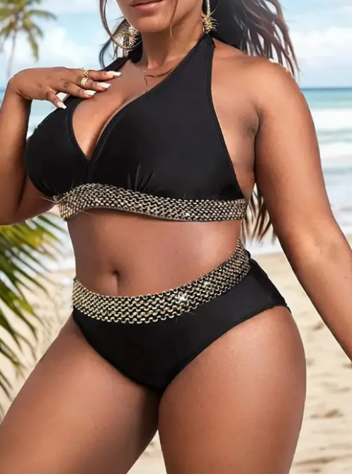 Раздельный купальник большого размера с высокой талией черно-золотистый 5XL Киев - изображение 4