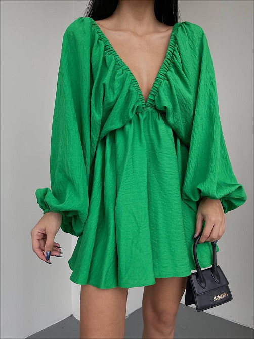 Женское легкое мини платье свободного кроя креп жатка Зелёный Одесса - изображение 1