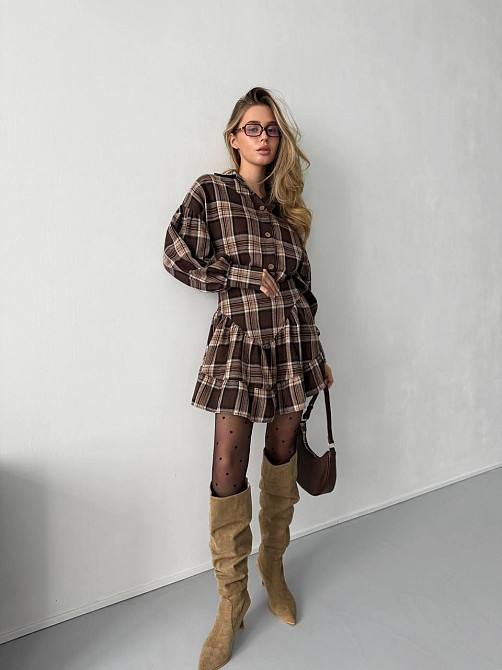 Жіночий стильний костюм-двійка: сорочка та спідниця в карту тіар Шоколадний, 42/44 Одеса - фото 4