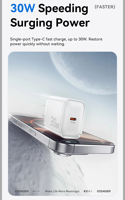 Мережевий зарядний пристрій Essager ES-CD52 30W Type-C PD — швидка зарядка смартфонів, планшетів, ноутбуків Николаев - изображение 8