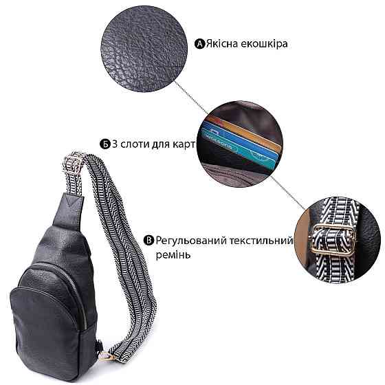 Сумка для жінок через плече з екошкіри з акцентом на текстильну лямку Vintage 22781 Чорний Київ