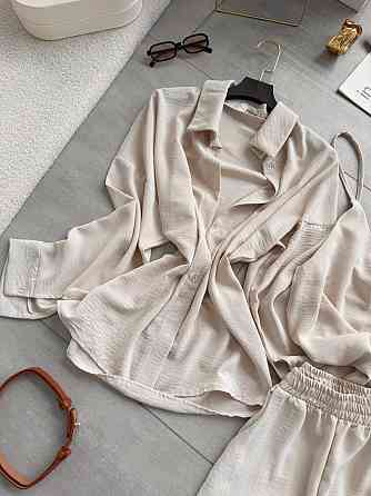 Жіночий легкий прогулянковий костюм-трійка: сорочка майка та штани креп жатка Беж, 48/50 Одеса