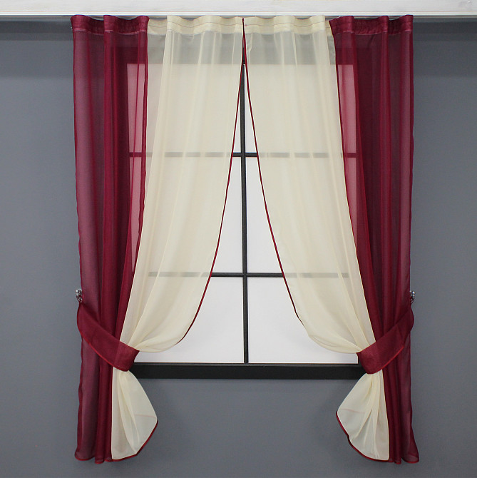 Кухонные шторы VR-Textil № 017к комбинированные с подвязками бордовый с бежевым 265х170 см (50-564) Киев - изображение 1