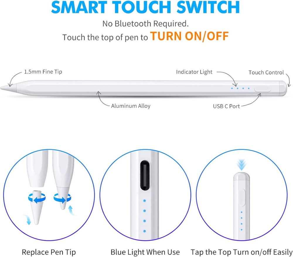 Стилус для iPad Tomorsi, Palm Rejection, быстрая зарядка, точное письмо, Apple iPad Pro/Air/iPad/Mini 2018–2023, белый Киев - изображение 7