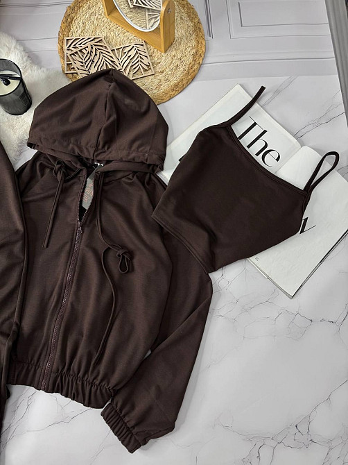 Жіночий повсякденний костюм трійка: кофта топ і штани двонитка. Шоколад, 42/44 Одеса - фото 3