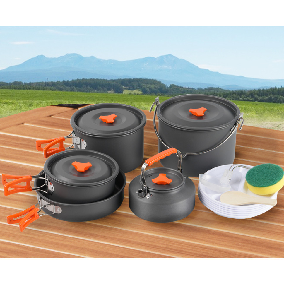 Набір туристичного посуду (2 каструлі з кришкою, котелок, сковорідка, чайник, 6 тарілок, ложка, черпак та губка) BRS-157, алюміній Київ - фото 9