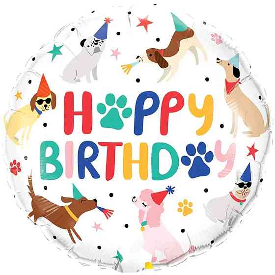 Фольгированный шар happy birthday песики на білому 18" 45см Киев