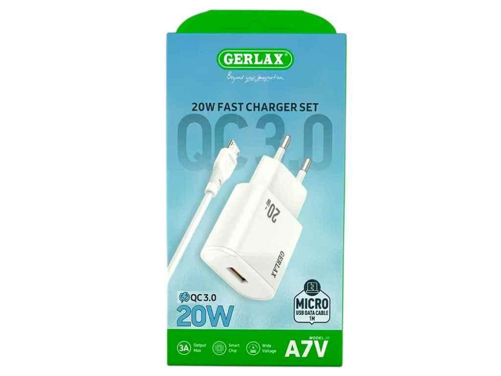 Сетевое зарядное устройство microUSB A7V 3A/1USB/20W/QC3.0 белый 1м ТМ GERLAX Киев - изображение 1