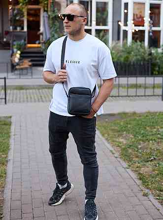 Чоловіча барсетка через плече, чорна, зерниста шкіра Київ