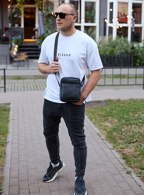 Чоловіча барсетка через плече, чорна, зерниста шкіра Київ - фото 1