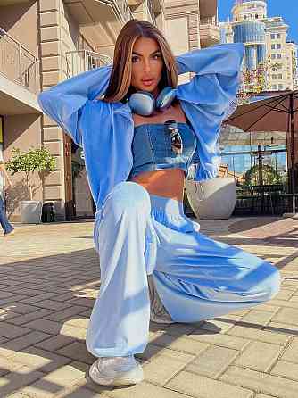 Жіночий стильний повсякденний костюм із ніжного велюру Блакитний, 46/48 Одеса