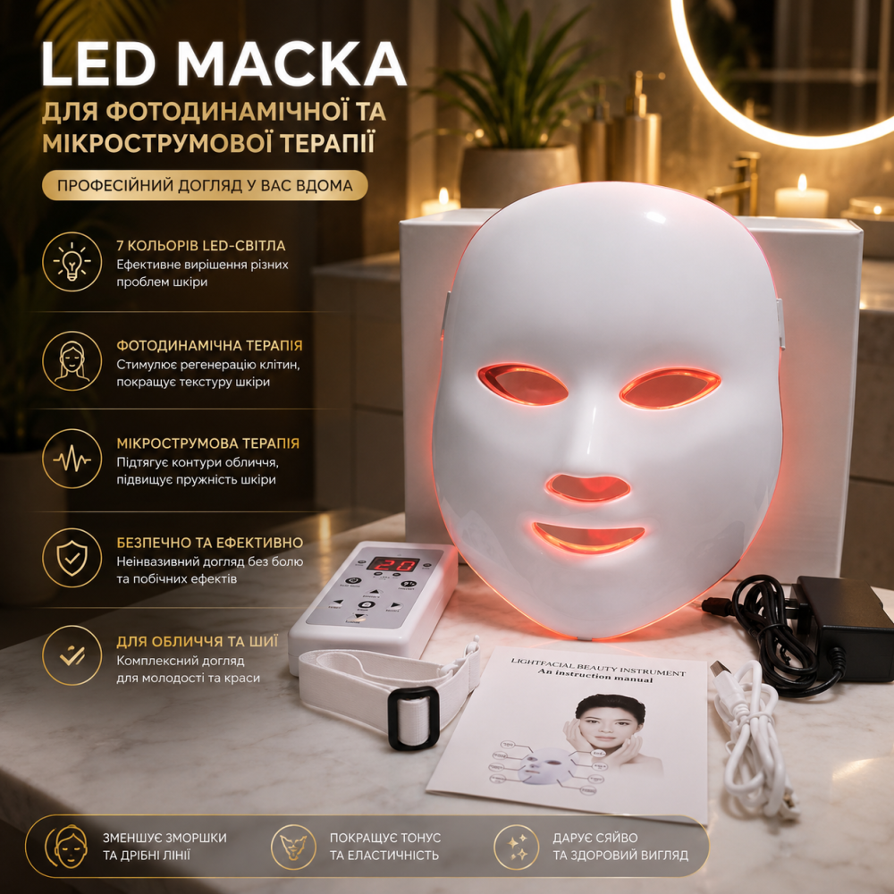LED маска для фотодинамической и микротоковой терапии лица и шеи, светодиодная маска для ухода за кожей Киев - изображение 7
