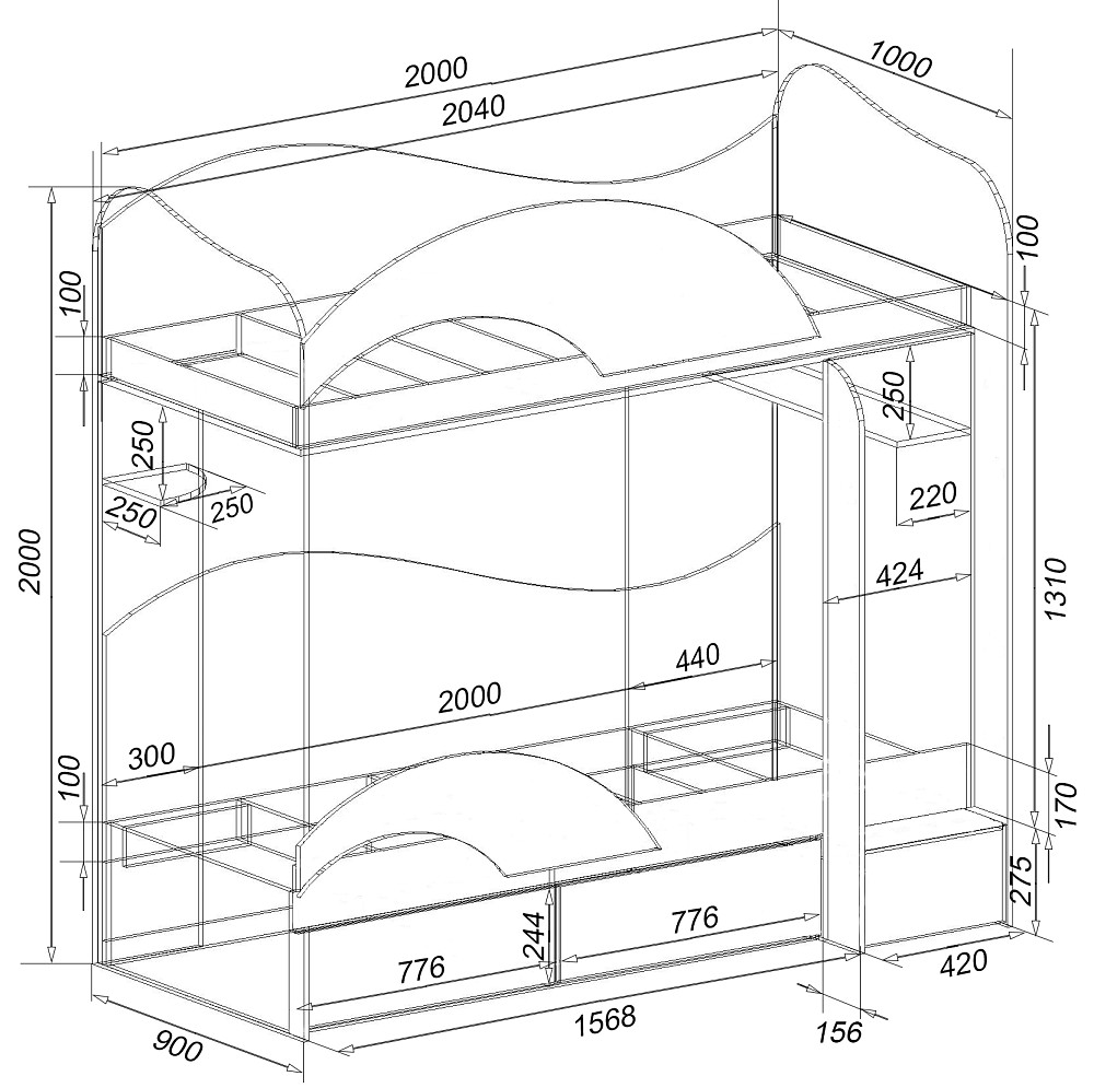 Кровать двухэтажная, Дуб Аппалачи, 2040х1000х2000, 800х2000 Львов - изображение 2