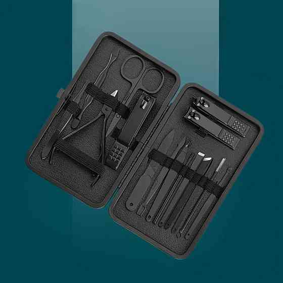 Набор инструментов для маникюра и педикюра ножницы,пилочка,пинцет в кейсе профессиональный набор 16 шт,черный Каменец-Подольский