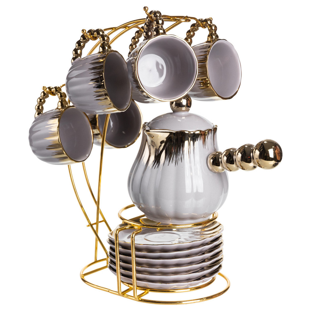 Кофейный сервиз с подставкой, 6 чашек, серый с золотом Киев - изображение 6