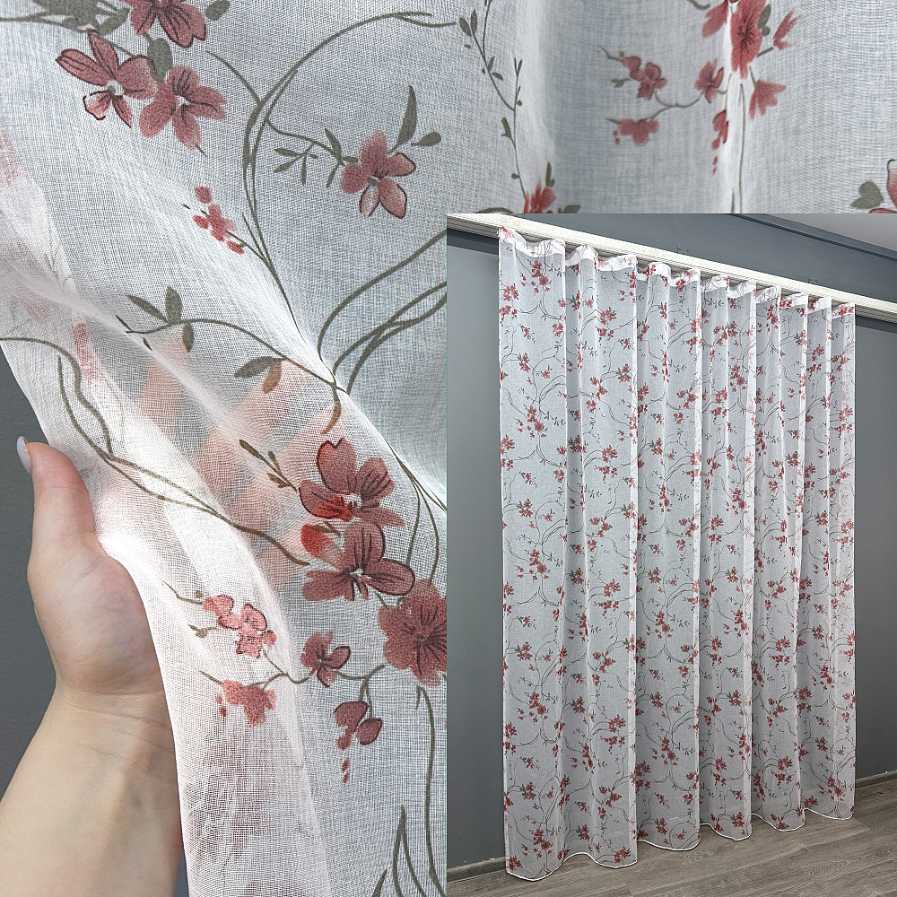 Тюль VR-Textil 1534т Flora Батист Белый с красно-коричневым 300х270 см (42-0445) Киев - изображение 1