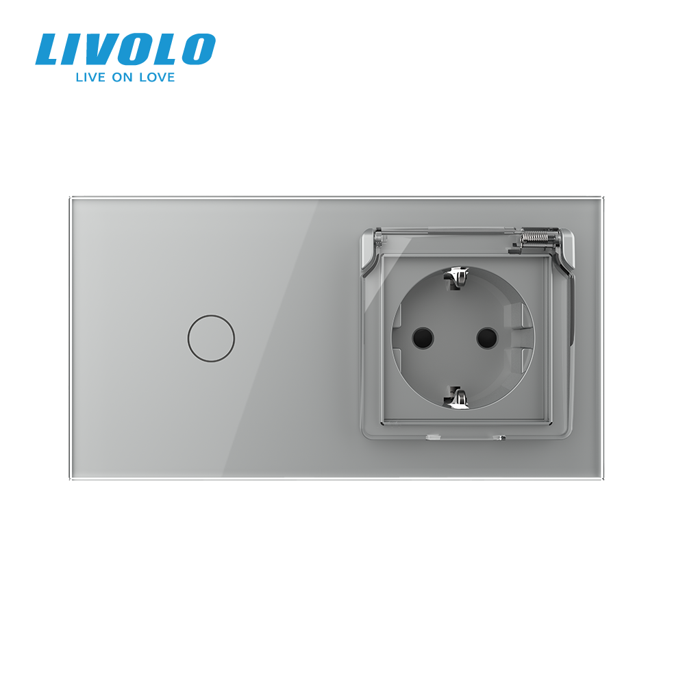 Сенсорний вимикач + розетка вологозахисна з кришкою IP44, з заземленням, сіра скляна рамка, шторки, LIVOLO (VL-C701/C7C1EUWF-15) Коломыя - изображение 3