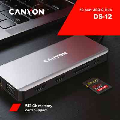 Порт-реплікатор Canyon DS-12, 13 in 1 USB-C hub, 2*HDMI, Gigabit Ethernet, VGA, 3*USB3.0, PD/100W, 3.5mm audio jack (CNS-TDS12) Вінниця