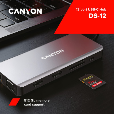 Порт-репликатор Canyon DS-12, 13 in 1 USB-C hub, 2*HDMI, Gigabit Ethernet, VGA, 3*USB3.0, PD/100W, 3.5mm audio jack (CNS-TDS12) Винница - изображение 5
