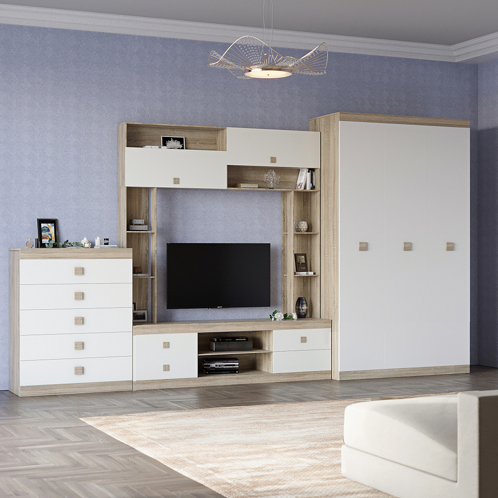 Стінка для вітальні Еверест Соната 1 (модульна - 3 елементи) сонома+білий (DTM-2236) Дніпро - фото 1