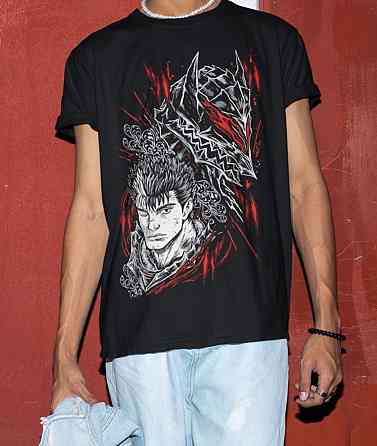 Футболка чоловіча з аніме принтом Берсерк Манга Стріп Гутс оверсайз (S/M/L) Чорний AnimeJ0984 Дніпро