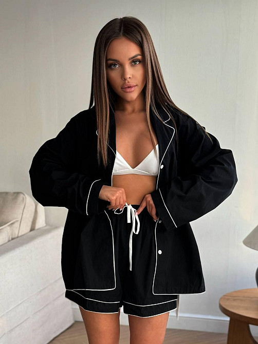 Жіночий літній костюм-двійка: сорочка та шорти в піжамному стилі натуральний льон Чорний Одеса - фото 2