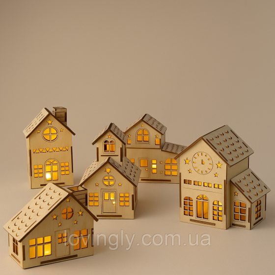 Набір будиночків з підсвіткою з дерева | Новорічна прикраса, різдвяний декор, подарунковий набір Ірпінь
